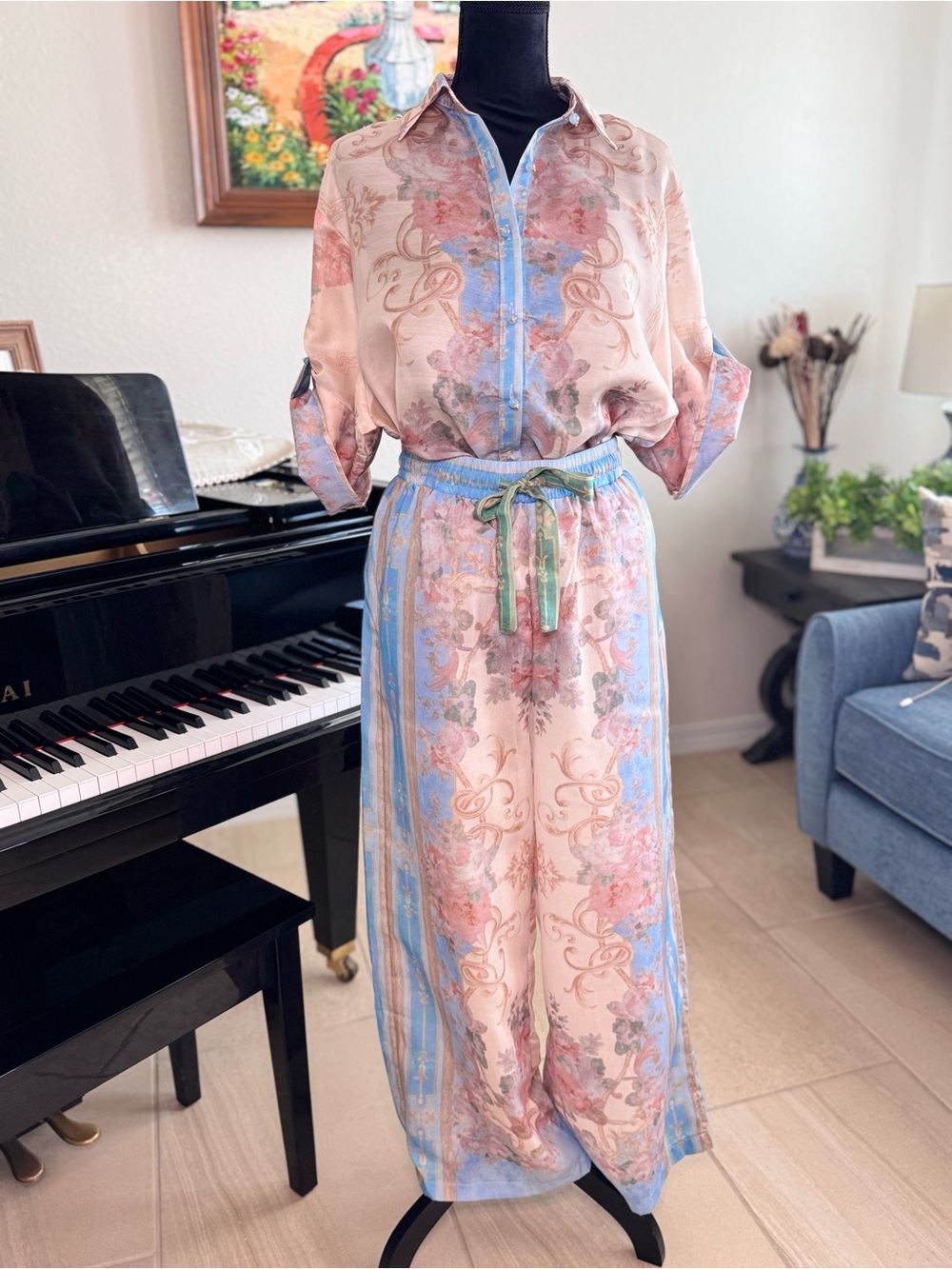Silky Floral Blouse and Pants Set in Pink & Sky Blue